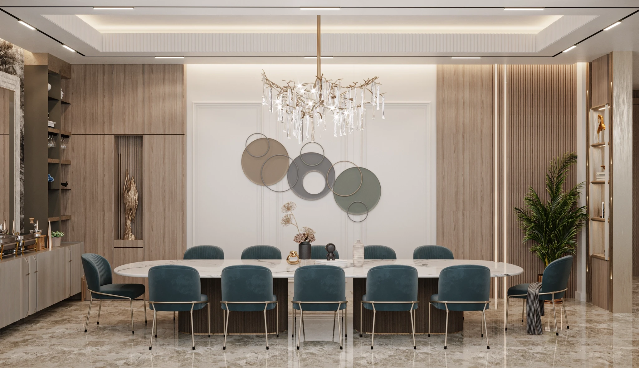 Dining room interior with a long table, blue chairs and a crystal chandelier